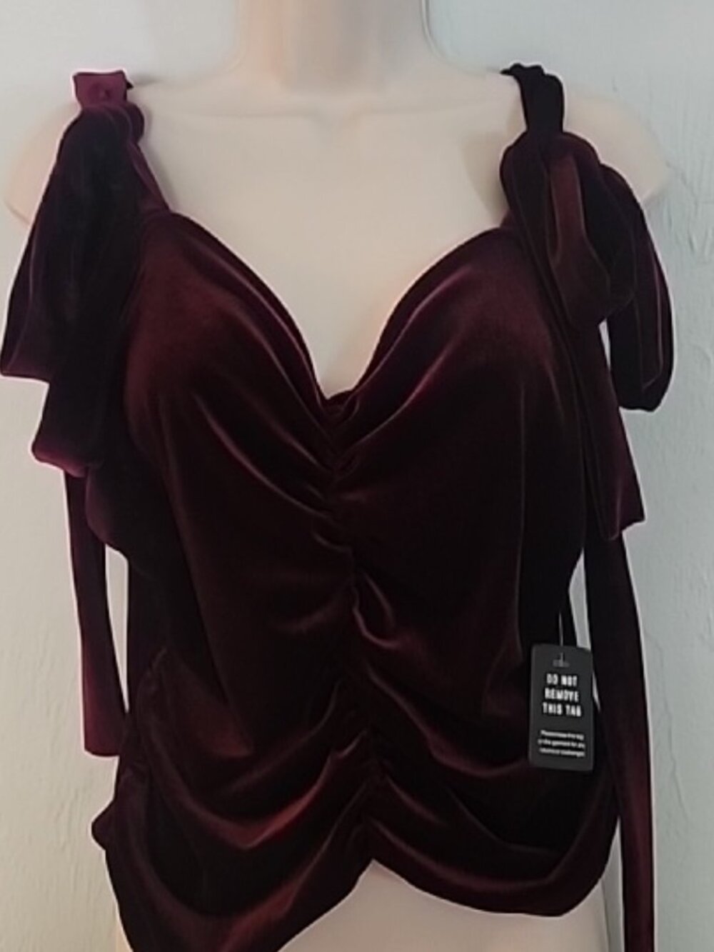 Express Burgundy Crop Velour Bow Shoulder Tie Strap Top Sz L